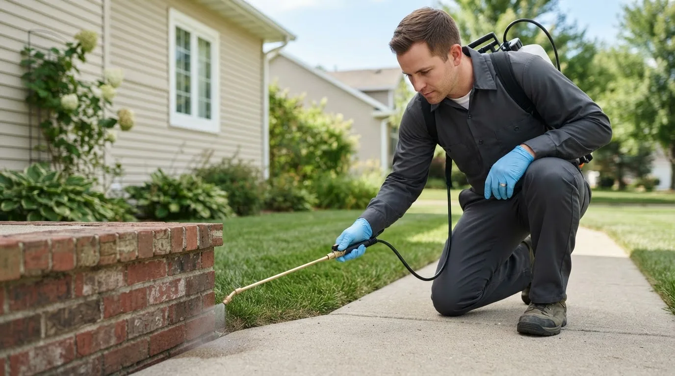 Pest control technician treating a home near Hope, MI