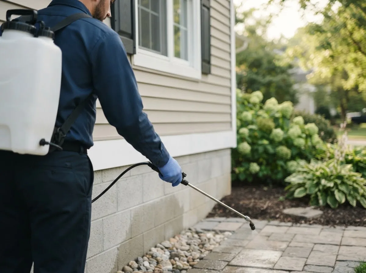 Pest control technician inspecting a home in Hope, MI